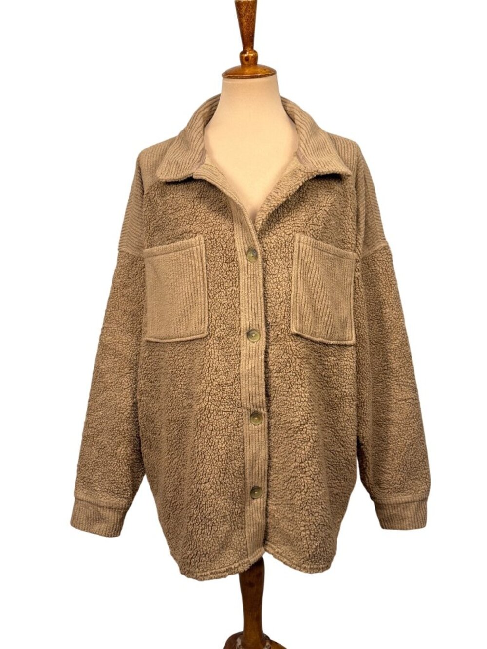 American Eagle Womens XL Brown Sherpa Button-Up Shacket Jacket With Pockets Cozy